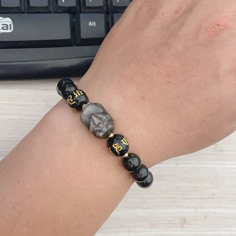Men's Natural Silver Stone bracelet with zodiac charm and proverb beads in Chinese style.