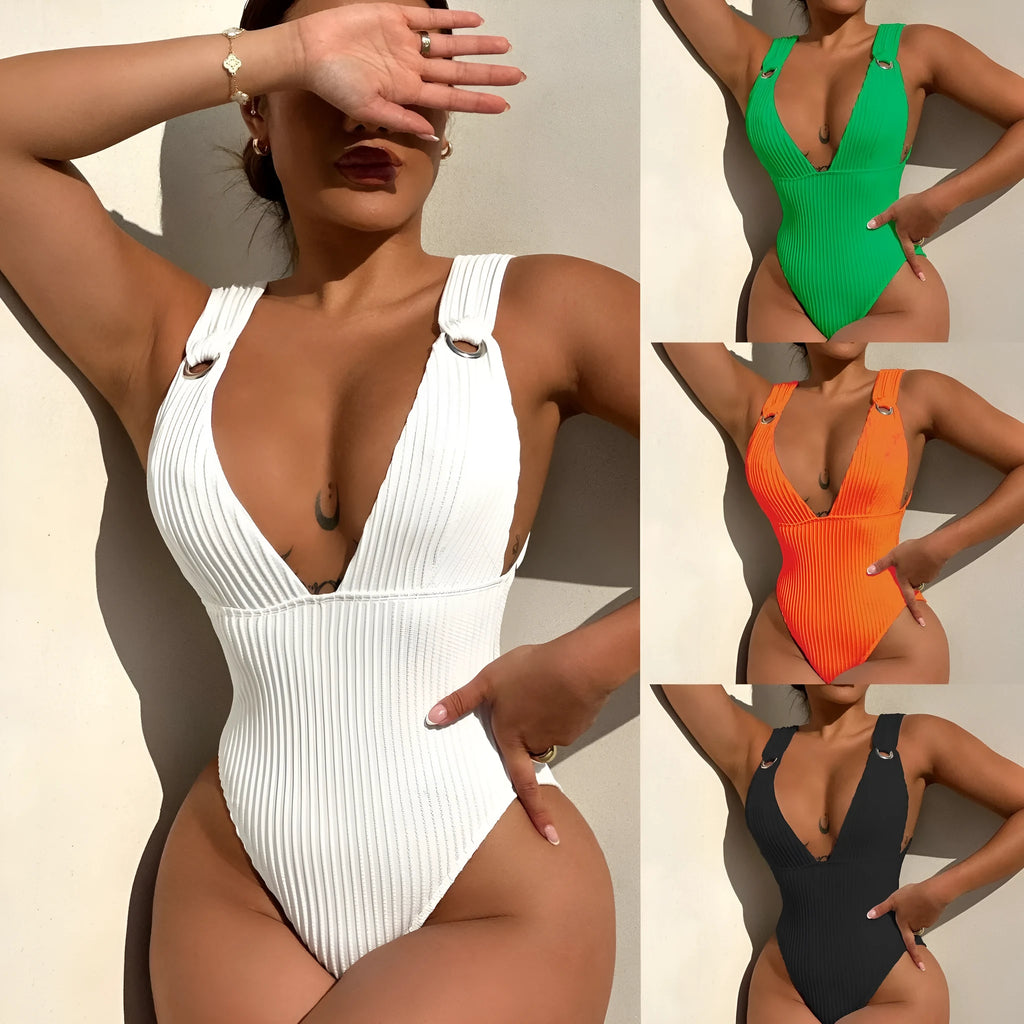 A solid colour one-piece swimsuit for women, shown in black, white, green, and orange colour options.
