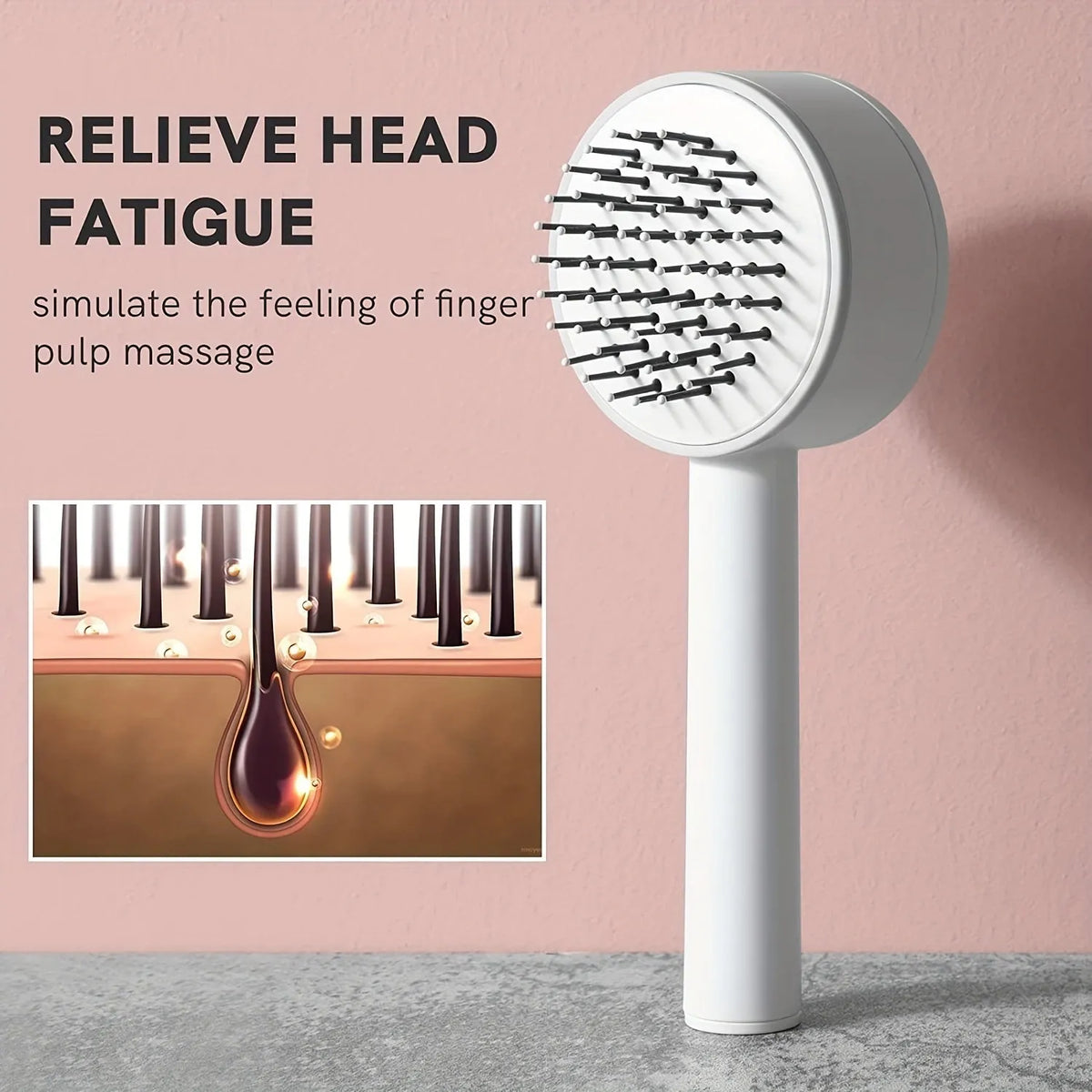 Self-cleaning hair brush for women with 3D air cushion and one-key button in green colour