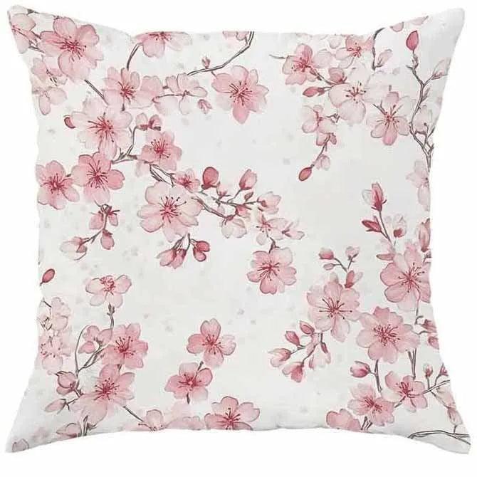 Square short velvet pillow cover with cherry blossom print, 45cm size, shown in one of four colour options.
