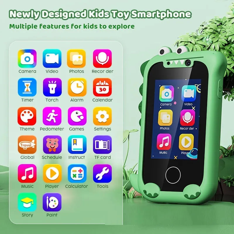 Blue educational toy mobile phone with silicone case showing touch screen and camera functions