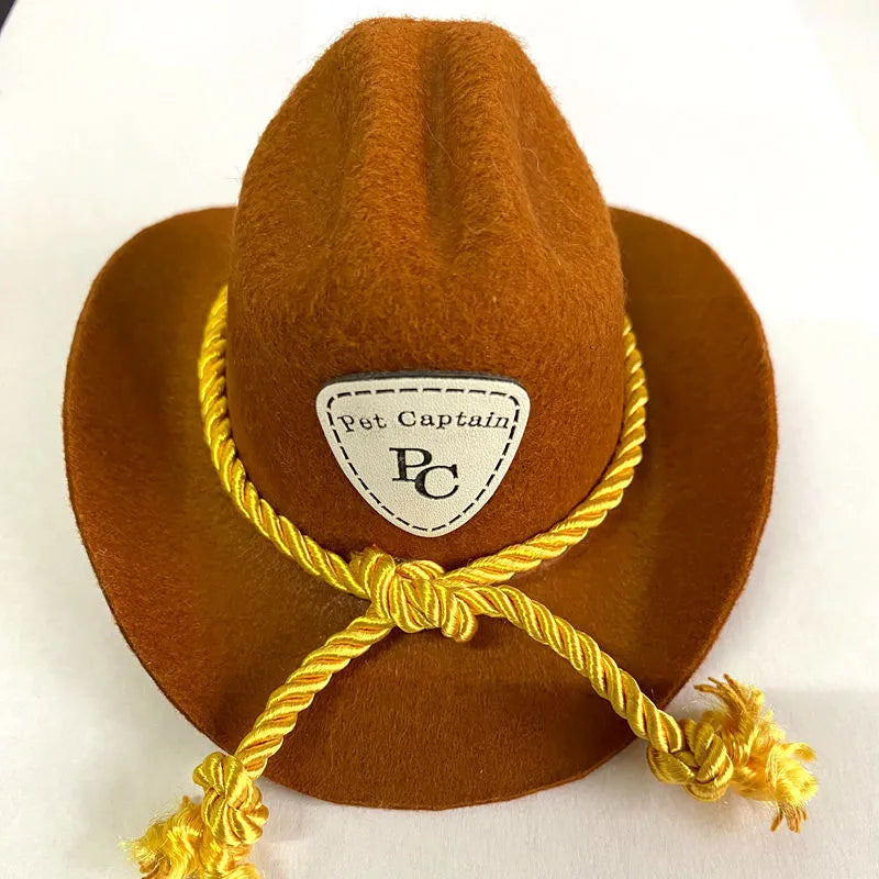 British-style brown cowboy hat for cats with star velvet belt trim