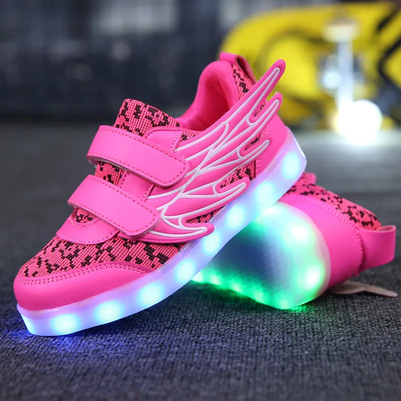 Children's plum red and white LED light-up sneakers with USB charging port