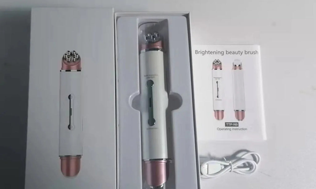 Piano white eye beauty instrument with USB cable, showing negative ion and ultrasonic wave modes