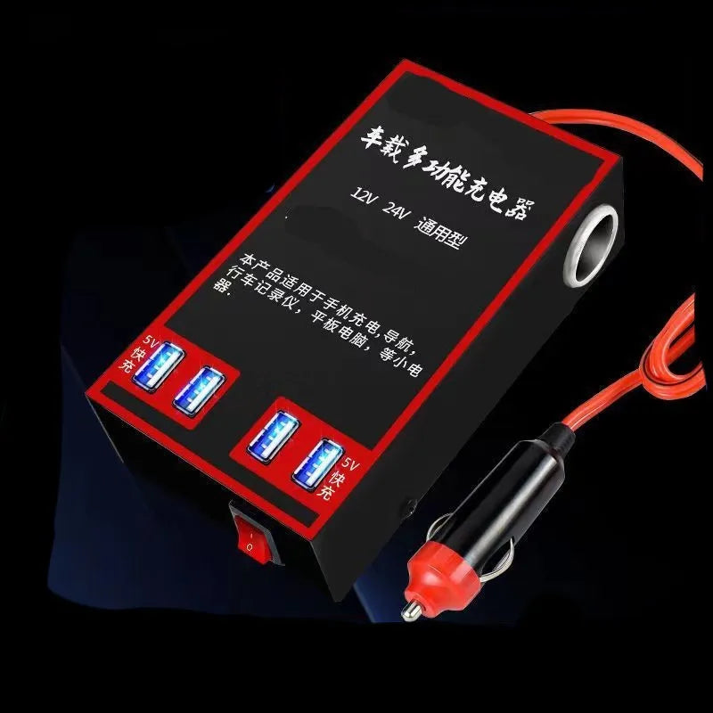 Black automotive 12V 24V to 220V power converter with AC socket and USB charging ports.