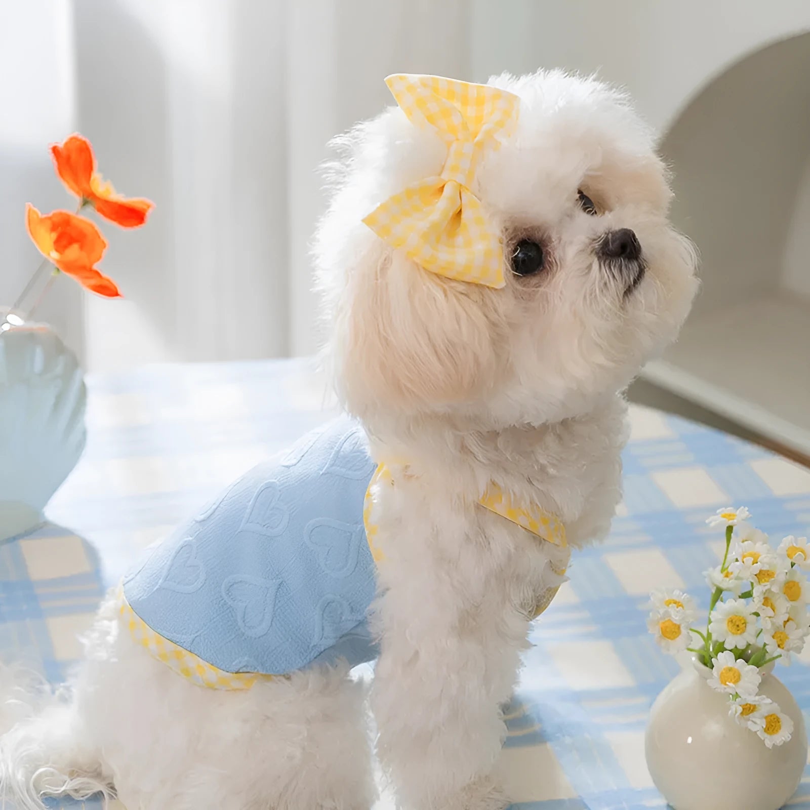Small dog wearing heart bow suspenders vest in elastic polyester pet clothing