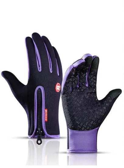 Winter touch screen motorcycle gloves with fleece lining in black and blue colours