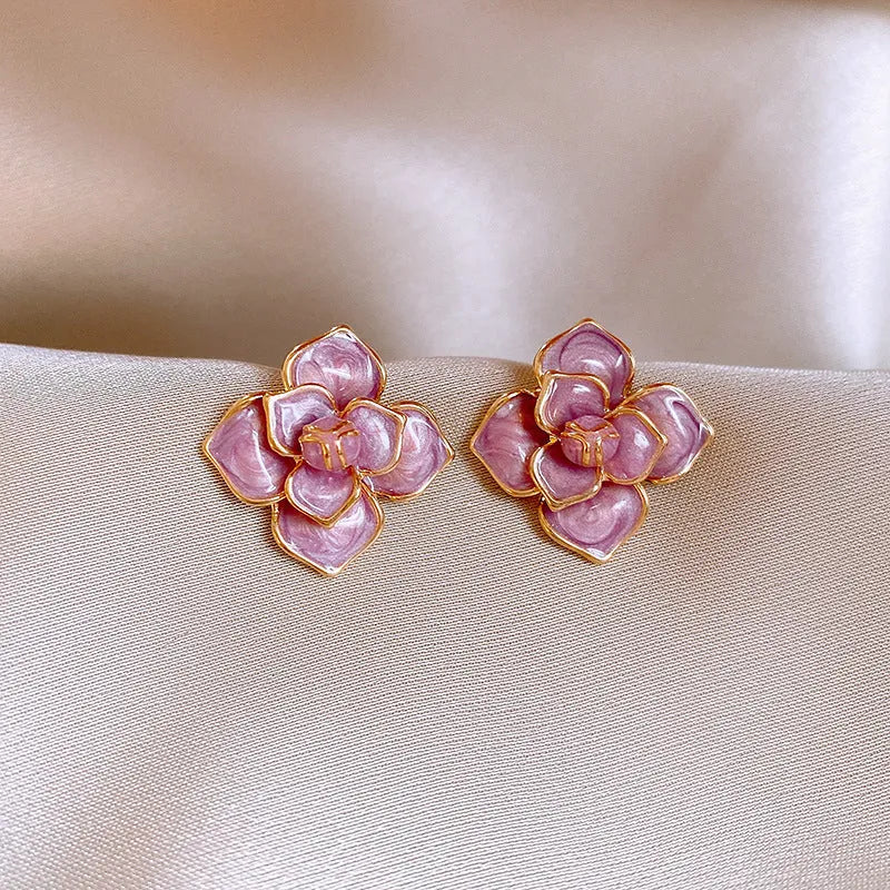 Purple oil-spot glaze flower stud earrings with gold plating on 20mm copper base using traditional silver needle technique