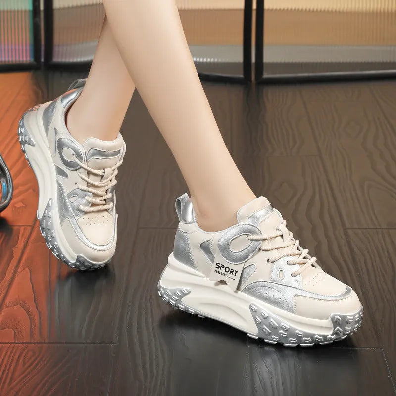 Leather sports casual shoes with thick wedge soles and front lace-up fastening in four colour options