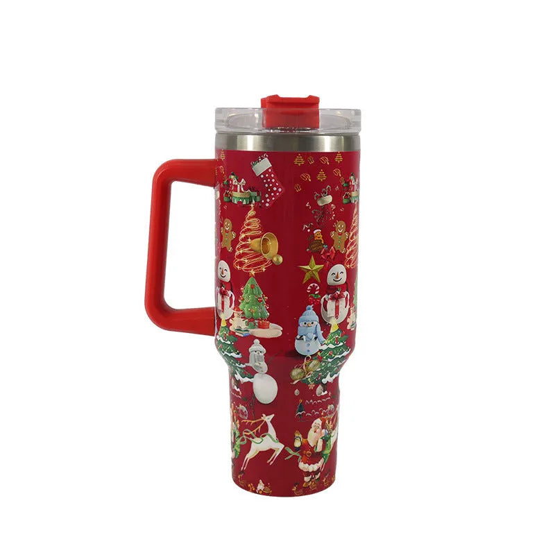 Christmas pattern stainless steel vacuum tumbler with handle, lid and straw - 1200ml capacity travel cup