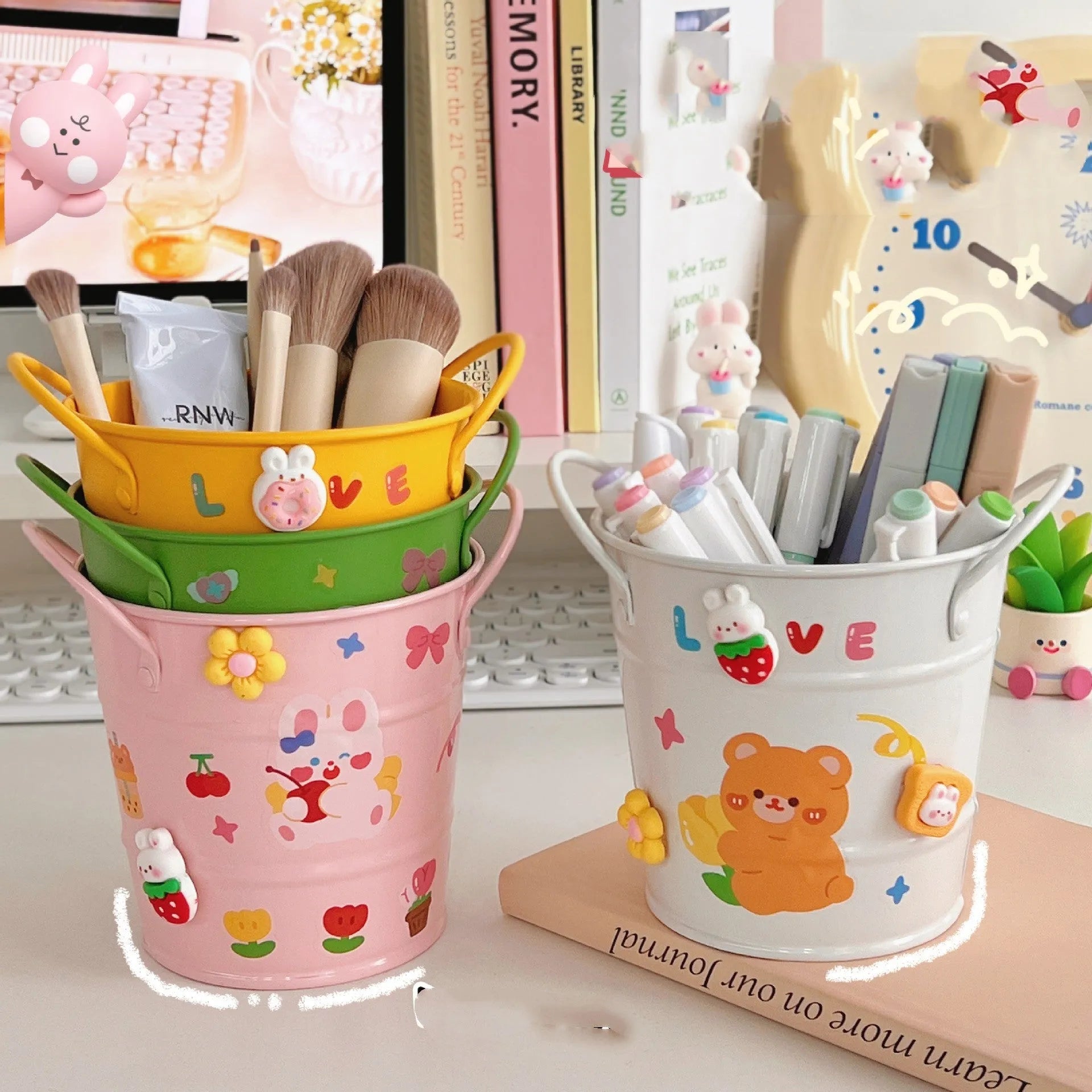 Round metal desk pen holder with iron art design in colour options including pink, green, red, white, and yellow