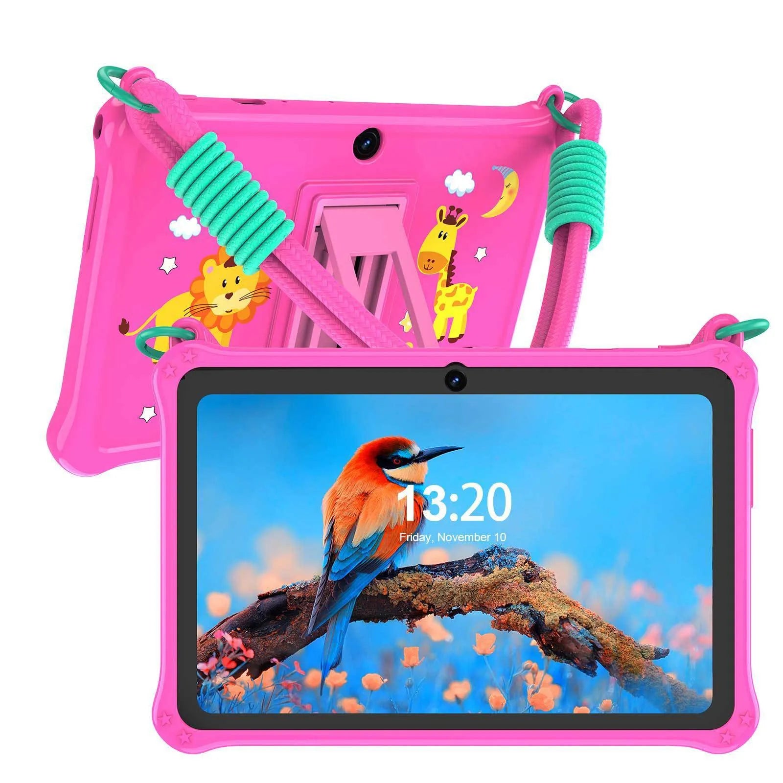 7-inch silicone protective case for children's tablets in sapphire blue and dark pink colours with flat strap