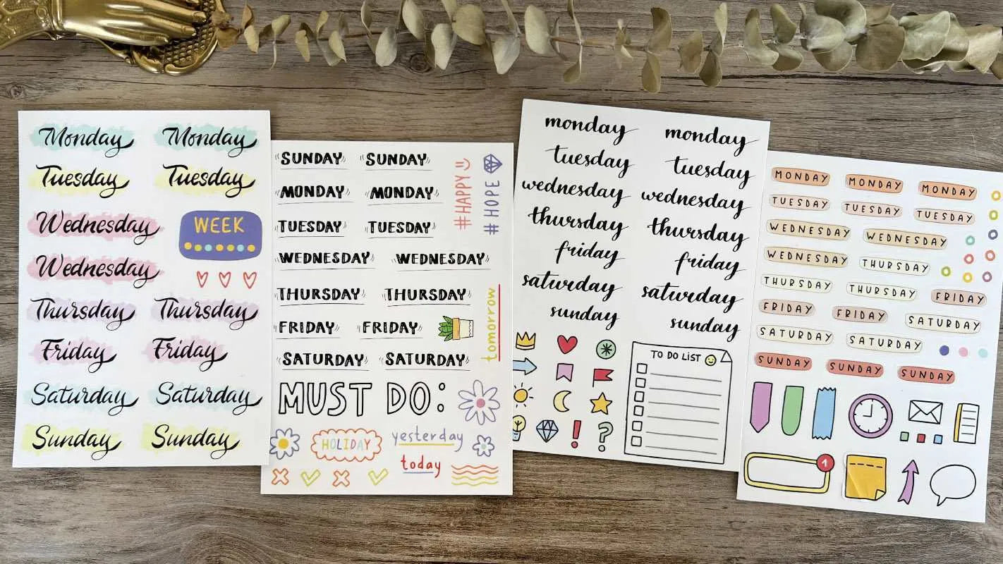 Sheet of cute style decorative stickers showing printed English alphabet letters and weekly words.