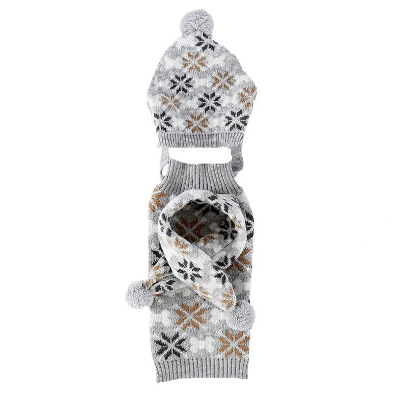 Japanese-style grey pet sweater with matching scarf hat on dog showing retro jacquard pattern