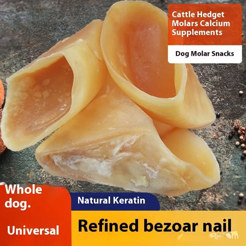 Natural cowhide dog chew rods in hoof shell colour, shown in two sizes for small and medium-large dogs