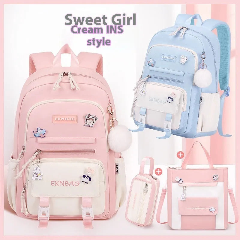 Girls' pink waterproof Oxford cloth school backpack with curved shoulder straps.