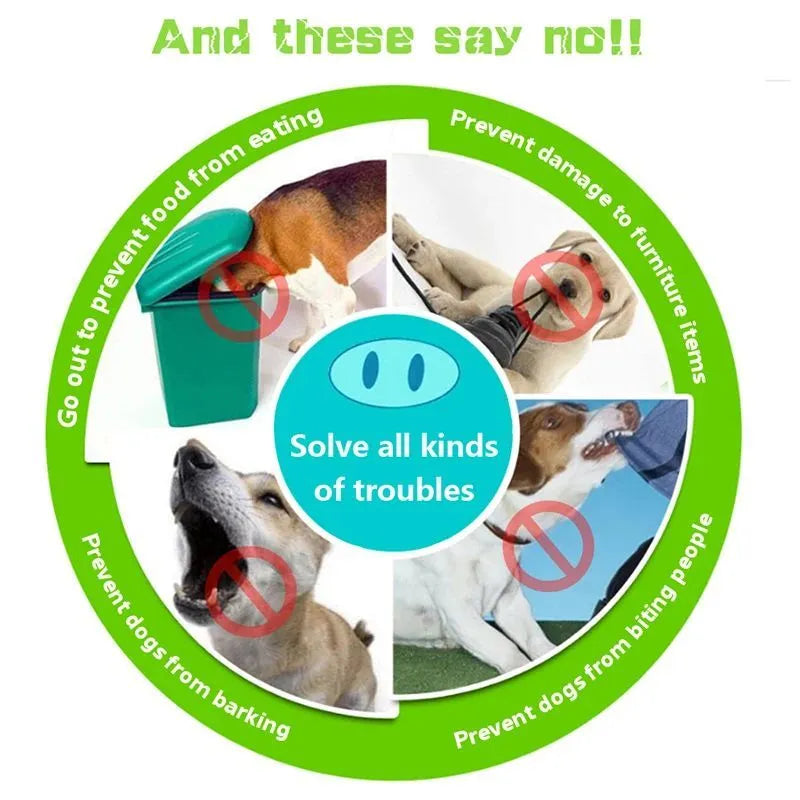 Blue silicone anti-bite mouth cover for dogs showing sizing on long-nosed pet