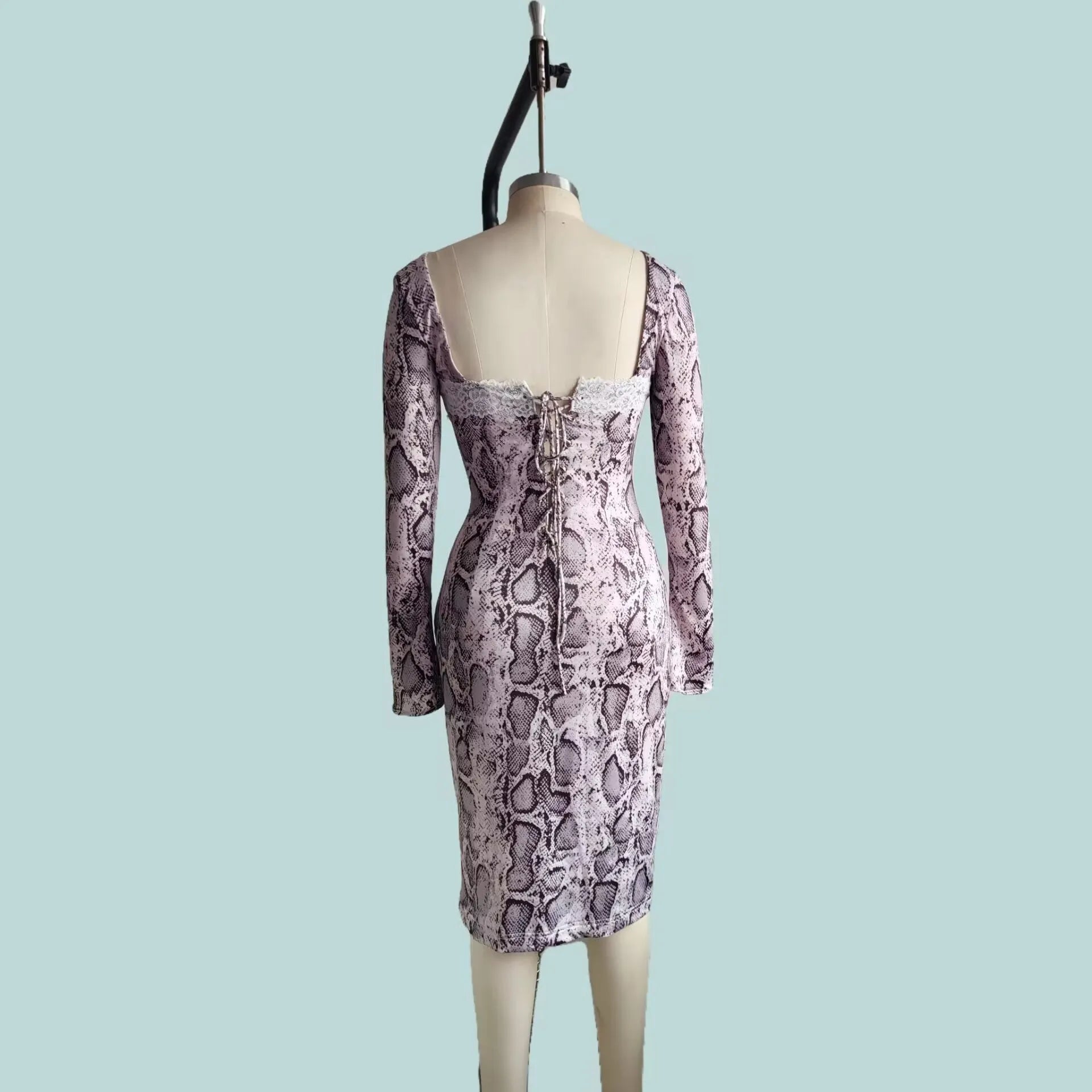 Grey digital printed women's dress with 3D effect pattern, slim fit design, A-line skirt and long sleeves