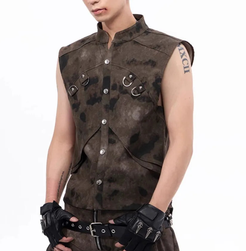Men's denim vest and camouflage trousers set shown on a model, featuring a semi-high collar and button front.