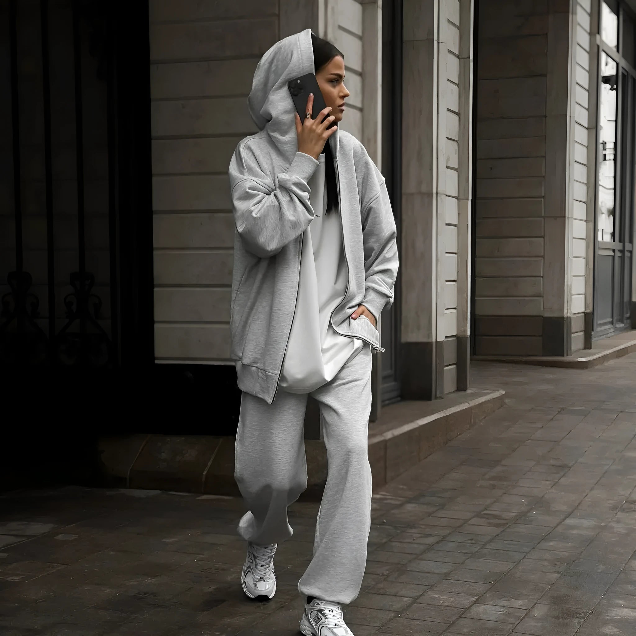 Street style long-sleeved coat and trousers two-piece set in solid colour with loose fit design