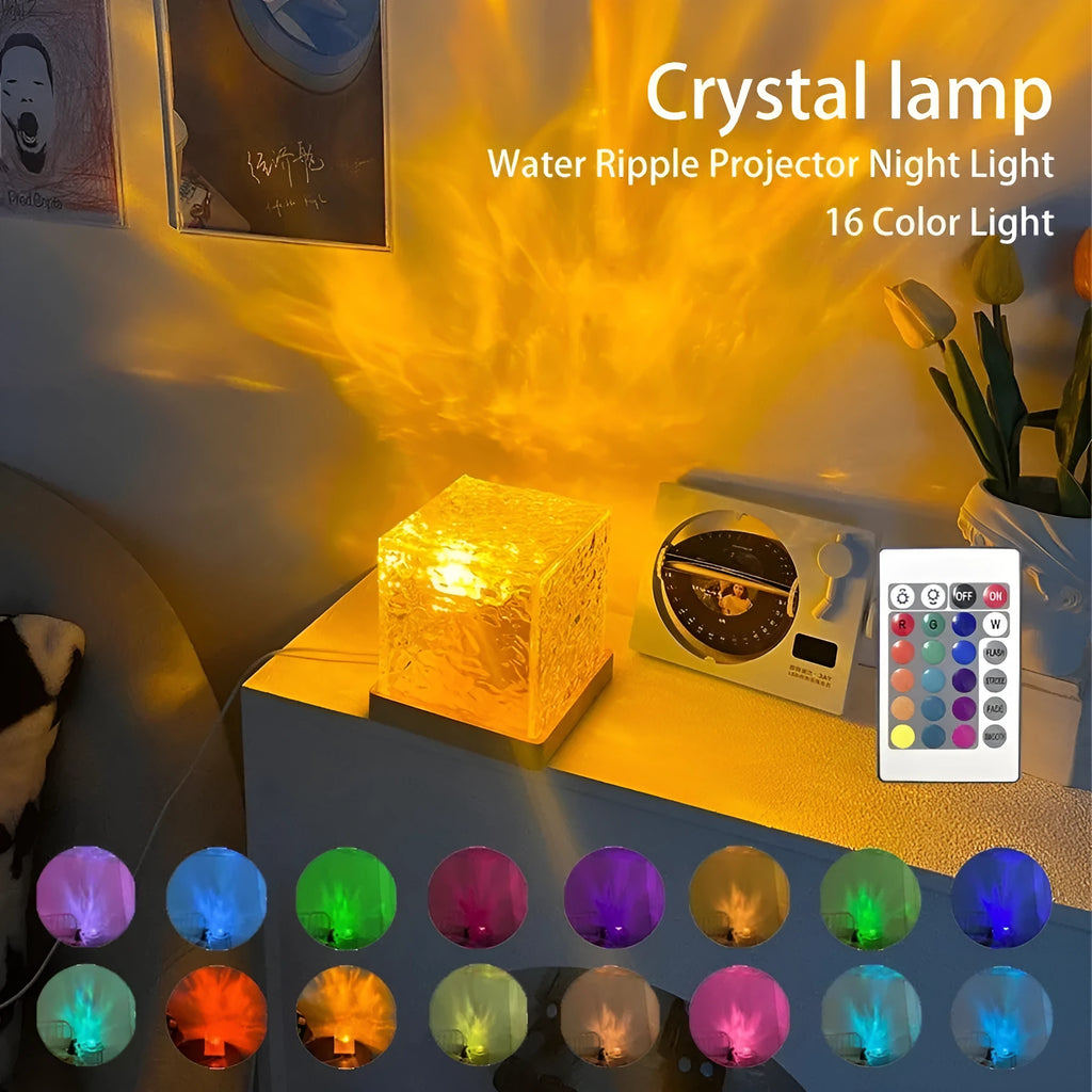 LED water ripple night light with crystal lamp and remote control projecting colourful patterns