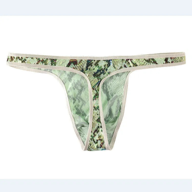 Men's green camouflage snake print thong underwear laid flat, showing low waist and T-back design.