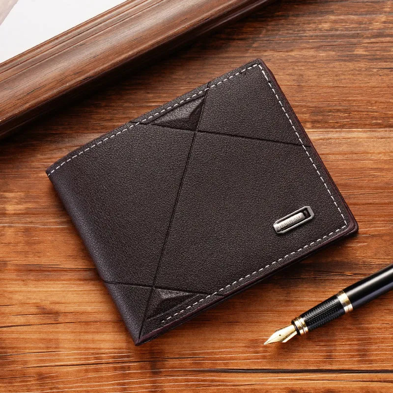 Men's thin three-fold PU leather wallet in black showing multiple card slots.