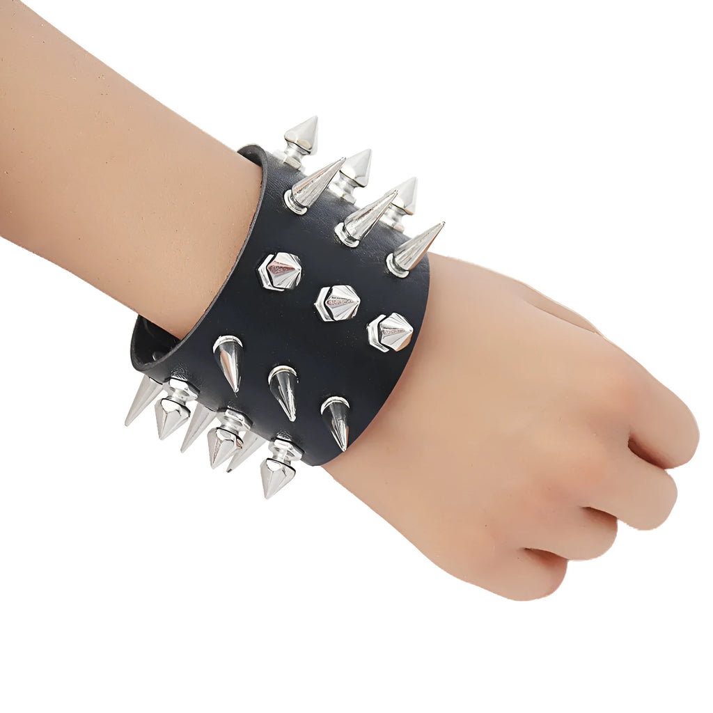 Punk style black PU leather bracelet with rivets, geometric tapered shape, 22.5cm length
