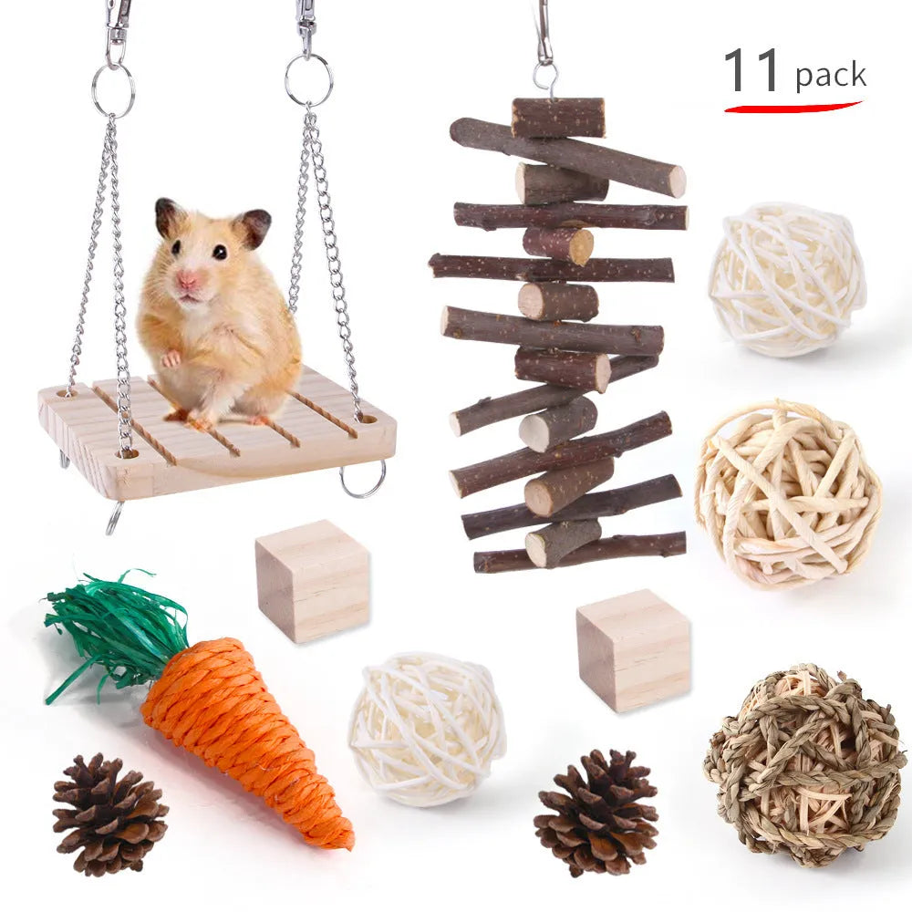 Wooden pet toy set with straw mats and woven balls for rabbits and guinea pigs