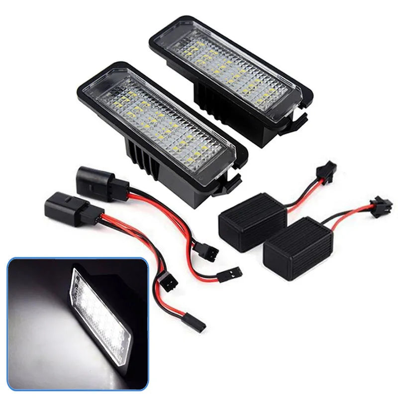Two Volkswagen LED licence plate light units with built-in CANBUS for Golf, Polo, Phaeton models.