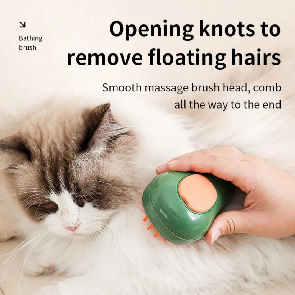 Green and white 3 in 1 cat steam brush with silicone bristles and water spray function for grooming pets.