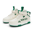 Children's street sneaker with buckle closure in beige green, showing PU upper and rubber sole.