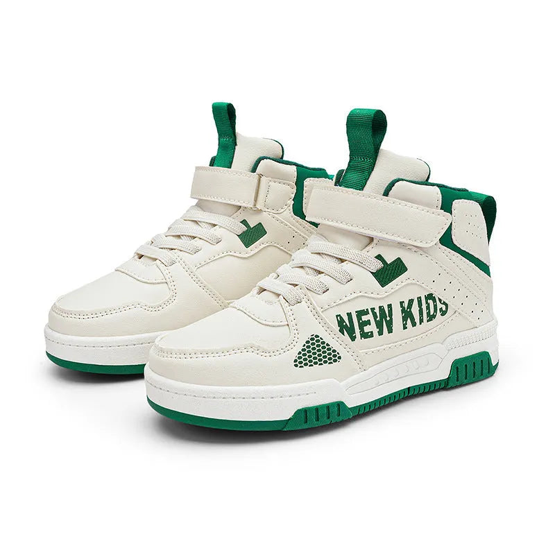 Children's street sneaker with buckle closure in beige green, showing PU upper and rubber sole.