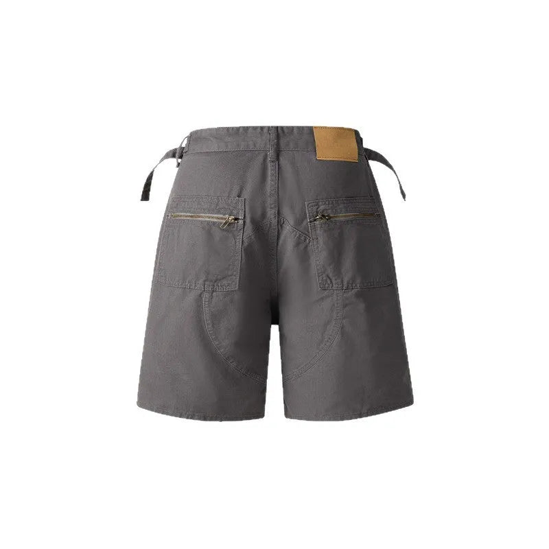 Retro washed cotton workwear shorts in loose fit with half elastic waistband