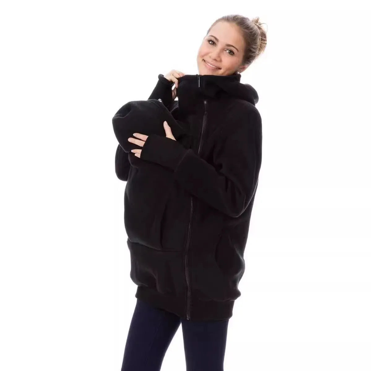 Red loose-fitting women's polar fleece sweater with long sleeves on a hanger.
