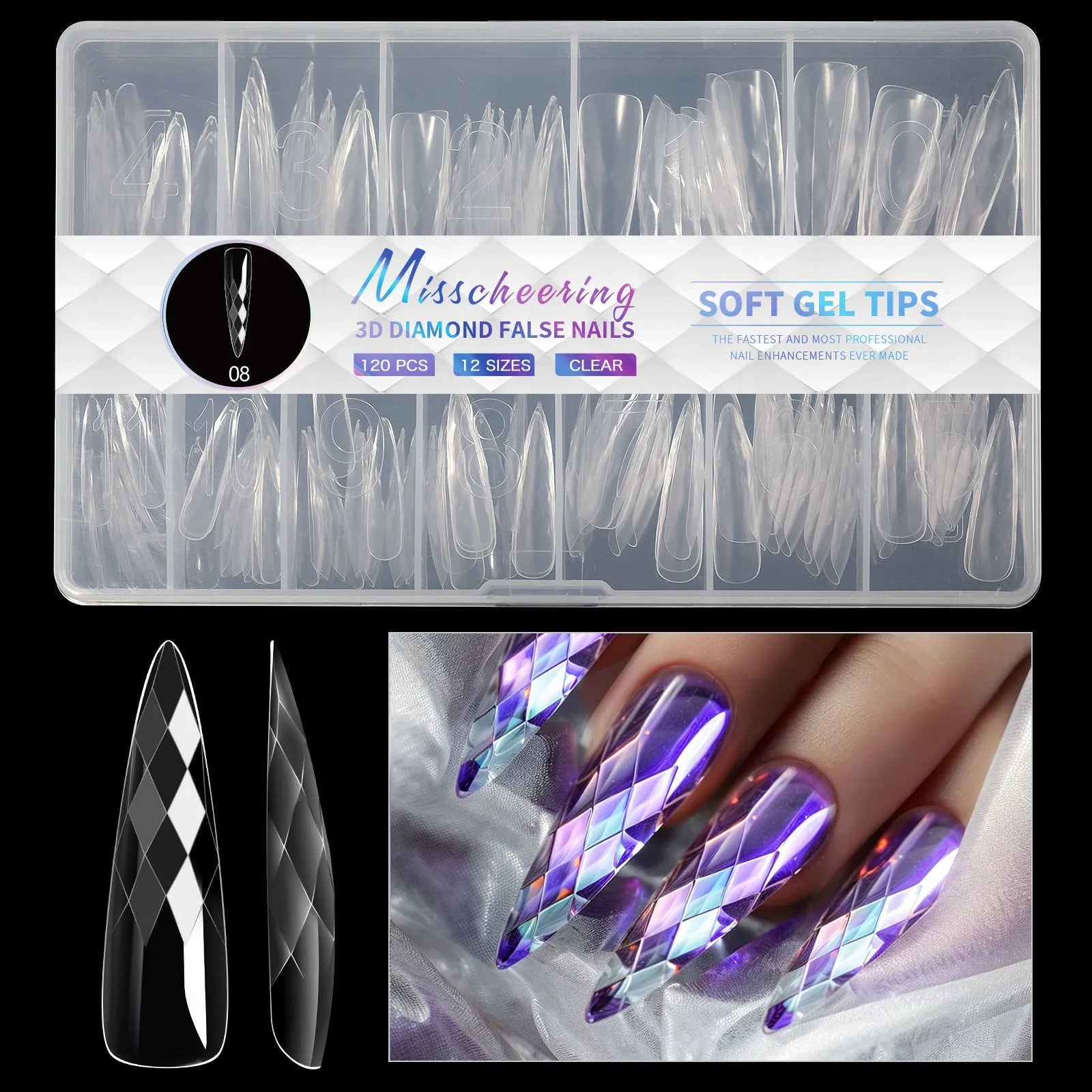 Box of long, shaped false nail tips with glittering diamond texture in various pink and white colours.