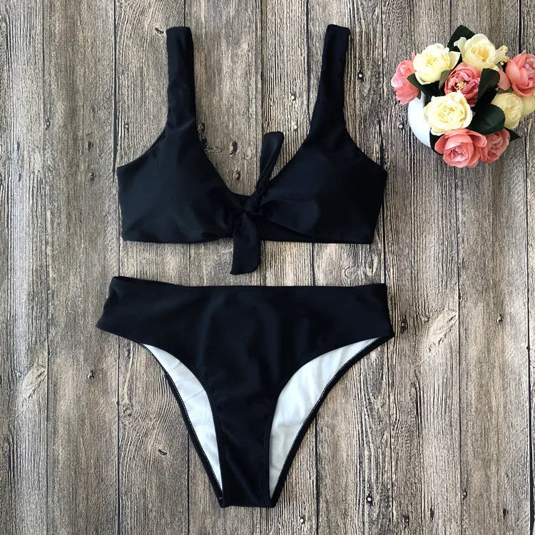 European style women's bikini swimwear set in solid colours with sleeveless design