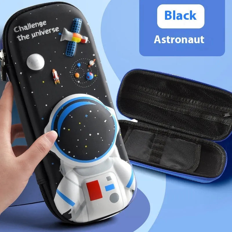 3D leather pencil case with astronaut pattern design showing textured surface and structured box shape