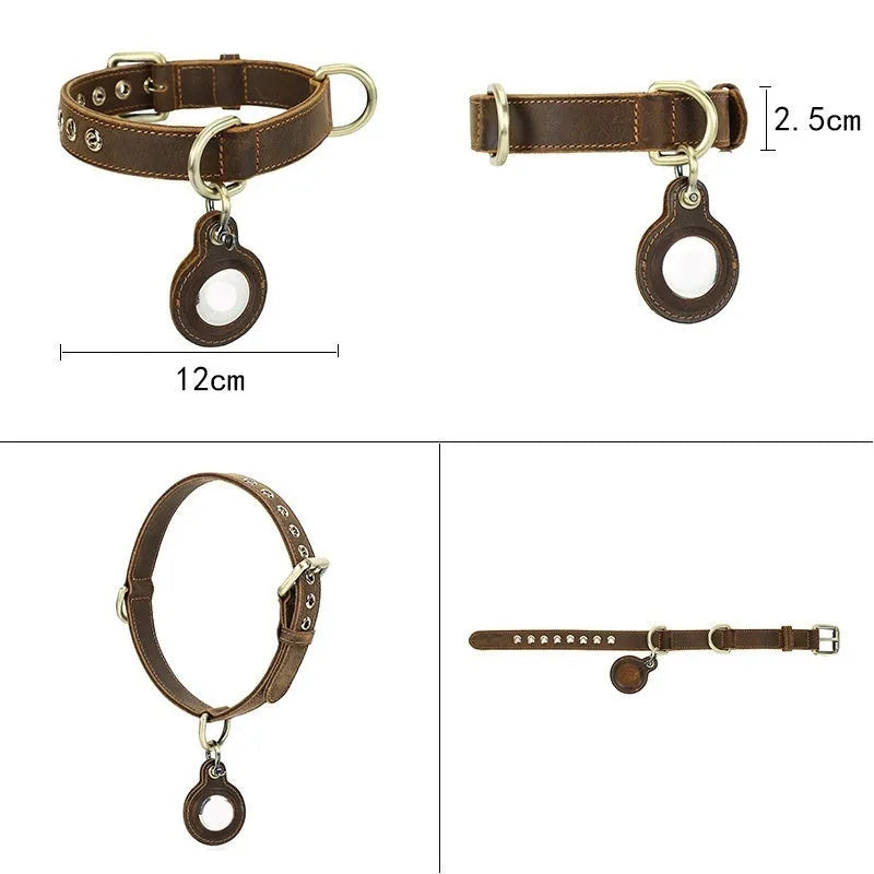 Brown handmade genuine cowhide leather dog collar shown on a flat surface.