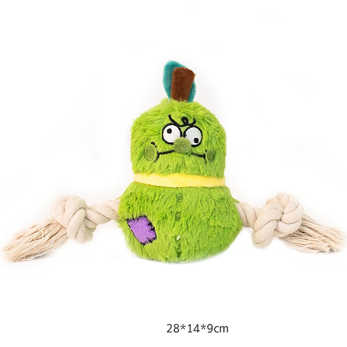 Green and purple interactive dog tug toy with long knotted rope and plush section