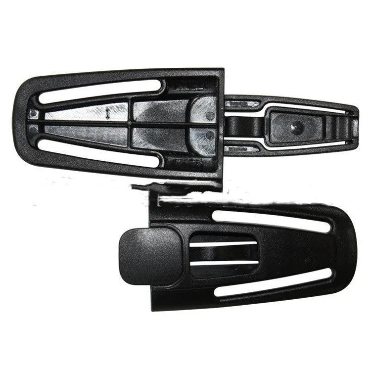Black nylon seat belt buckle clip for child car seat 5-point harness.