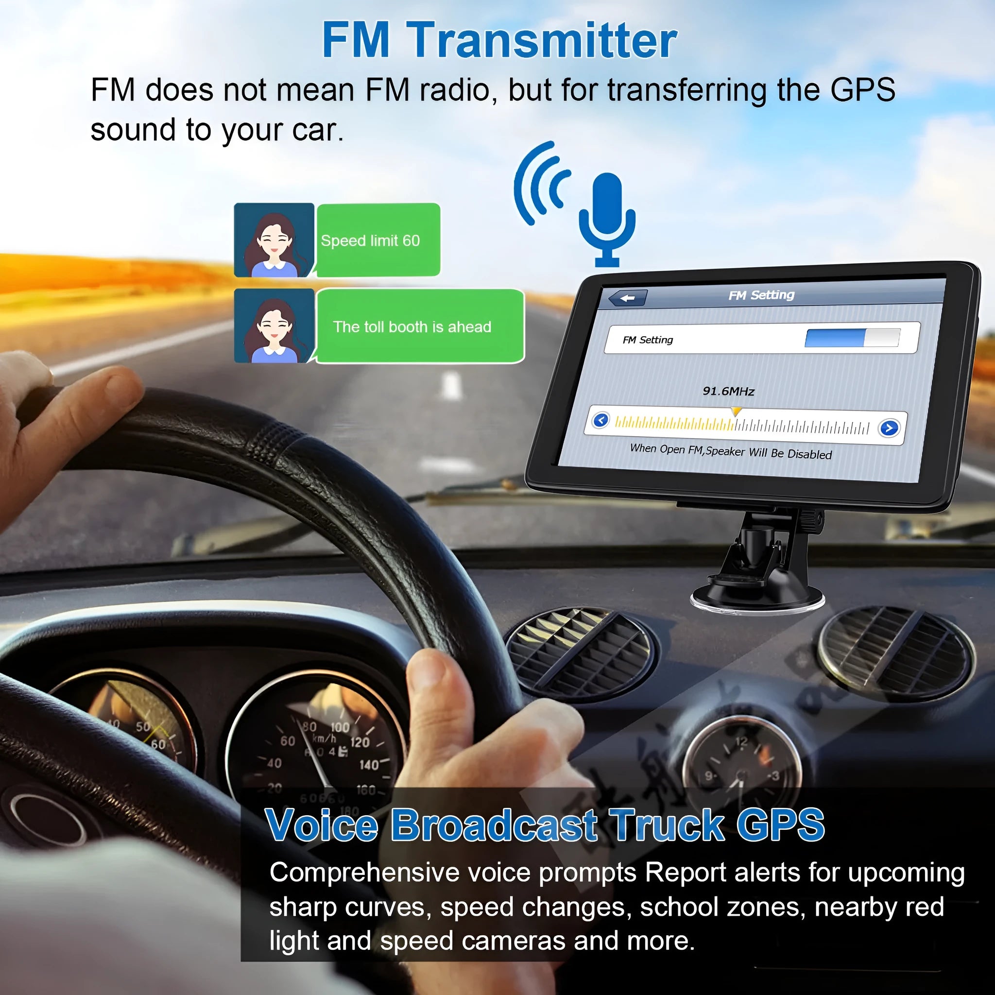 7 inch portable car GPS navigation device with HD touch screen on a windshield bracket.