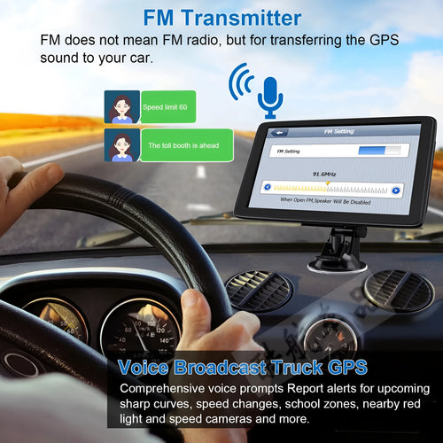7 inch portable car GPS navigation device with HD touch screen on a windshield bracket.