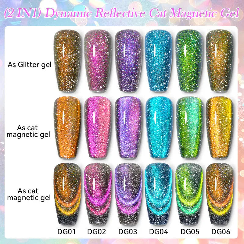 Cat eye nail polish gel with diamond glitter fragments in six colour style options including fluorescent UV brilliant variations
