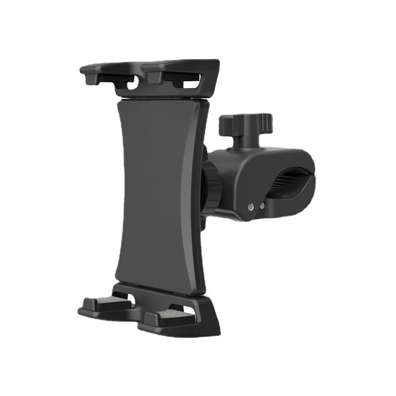 Black ABS plastic universal bicycle handlebar mount for mobile phones and tablets.