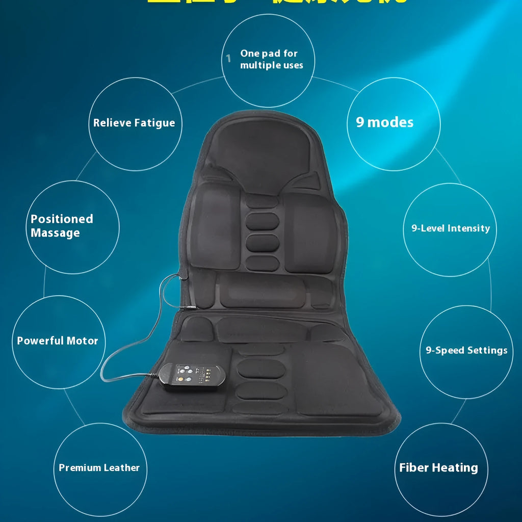 Black heating massage mat seat cushion with infrared physiotherapy and variable speed control