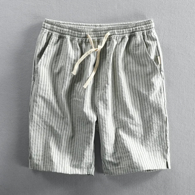 Men's striped cotton casual shorts with loose straight fit and micro elastic waist