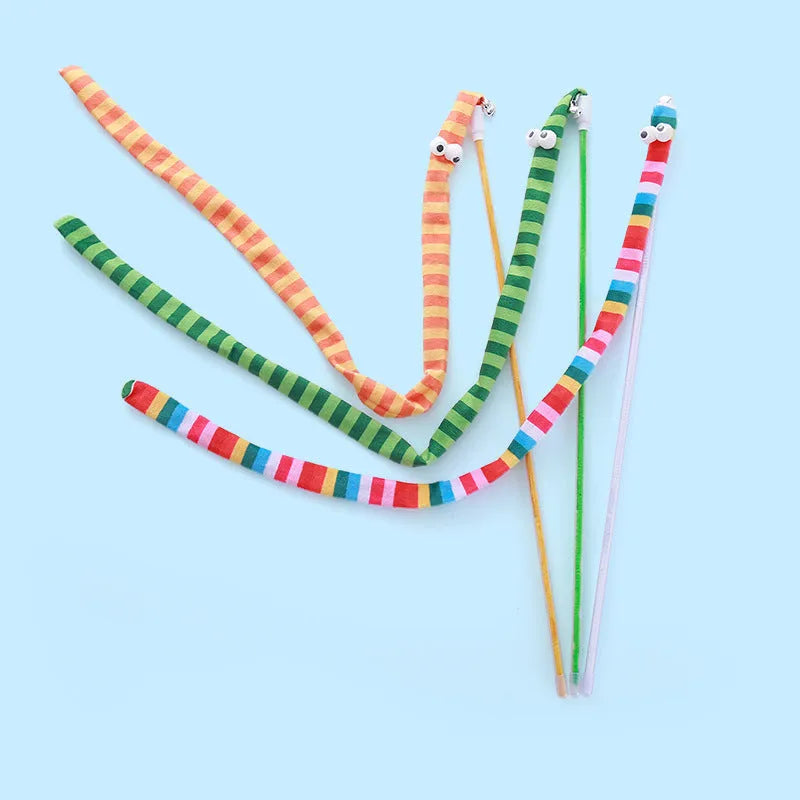 Cat teaser wand toy with long plush strip and bell on a polycarbonate pole.
