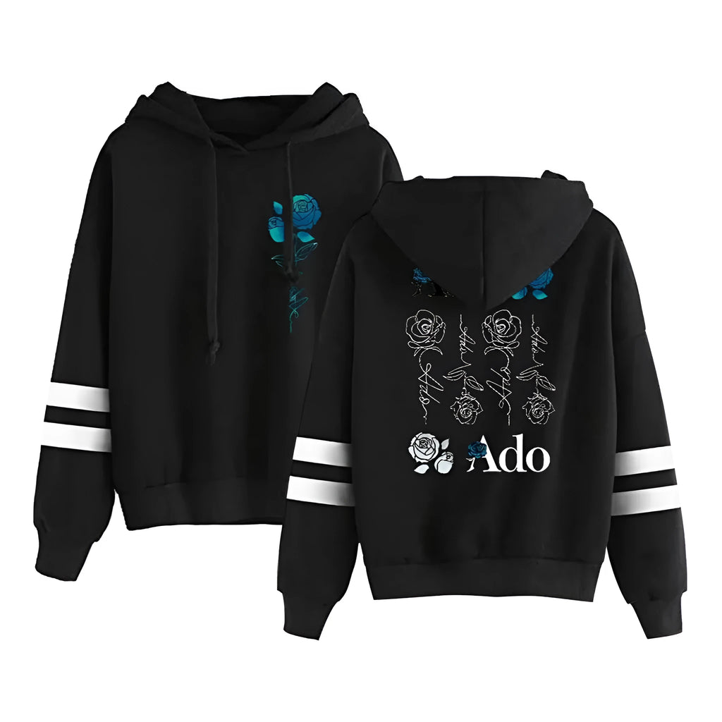 Black casual printed hoodie with half-sleeve shrug design, polyester fabric, front view