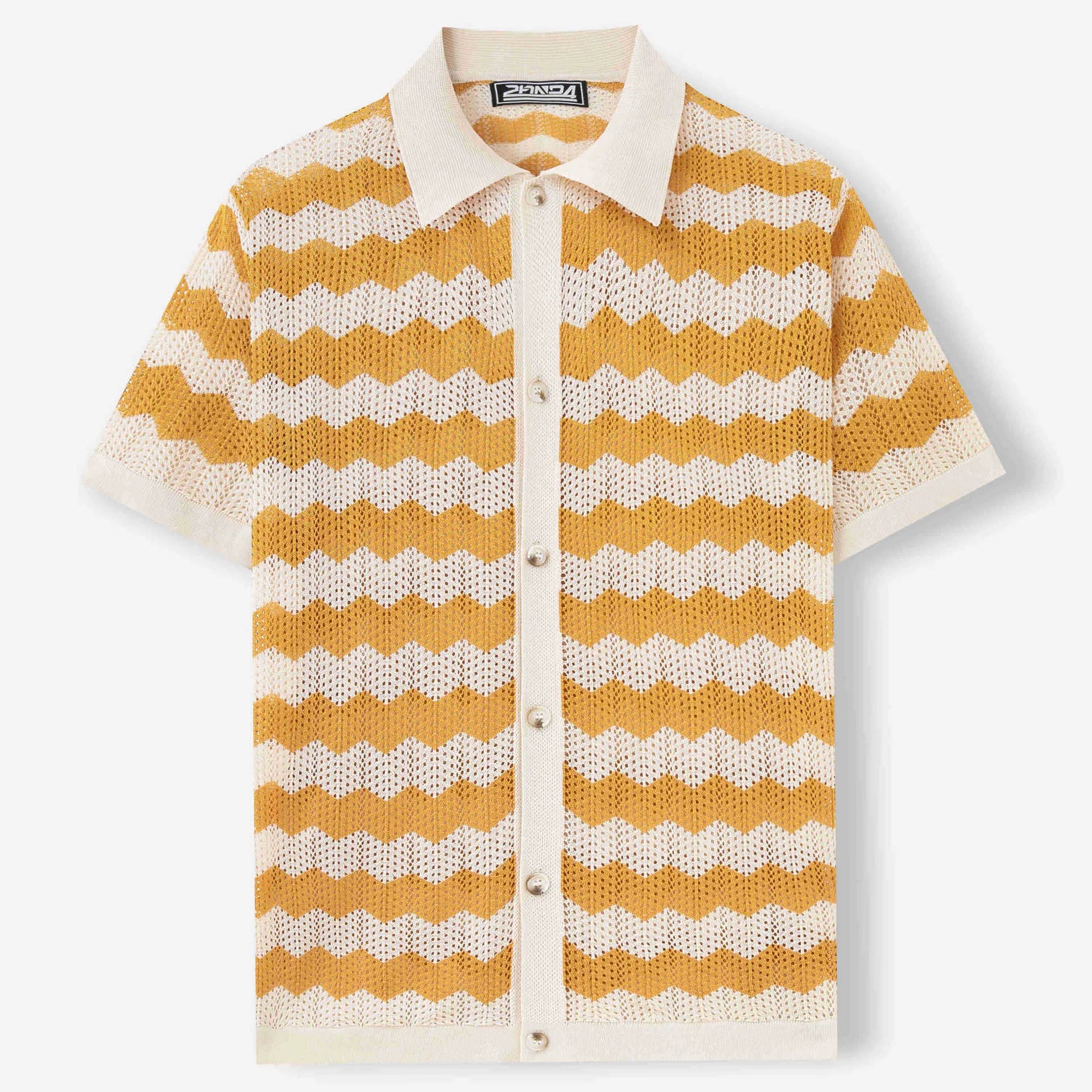 Blue hollow jacquard corrugated short sleeve sweater with flocked detail on a hanger.